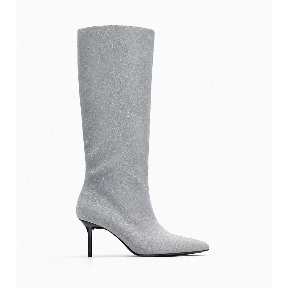 Zara Heeled Sparkly Knee High Boots Silver - 7 1/2